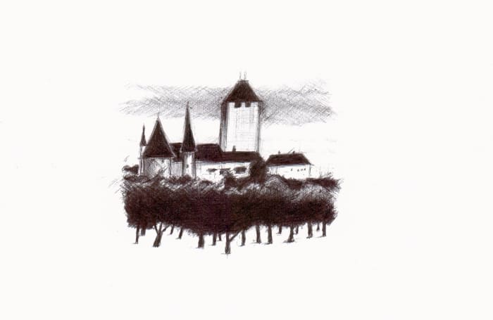 Schloss Spiez – Kugelschreiber auf Papier - Kugelschreiber Kunst