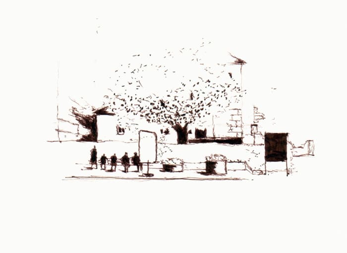 Wettingen Bahnhof Urban Sketchers Aargau – Sepia Fineliner auf Papier - Pitt Artist Pen Farber Castell
