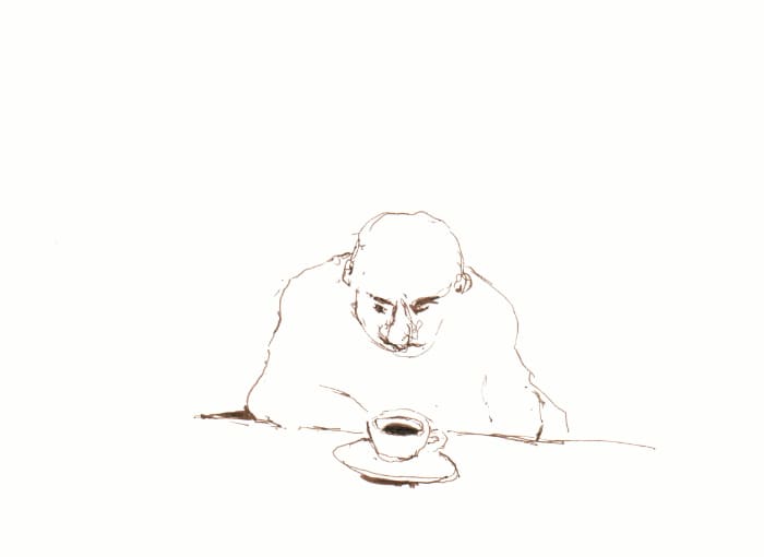 Kaffeetrinker – Sepia Fineliner auf Papier - Pitt Artist Pen Farber Castell
