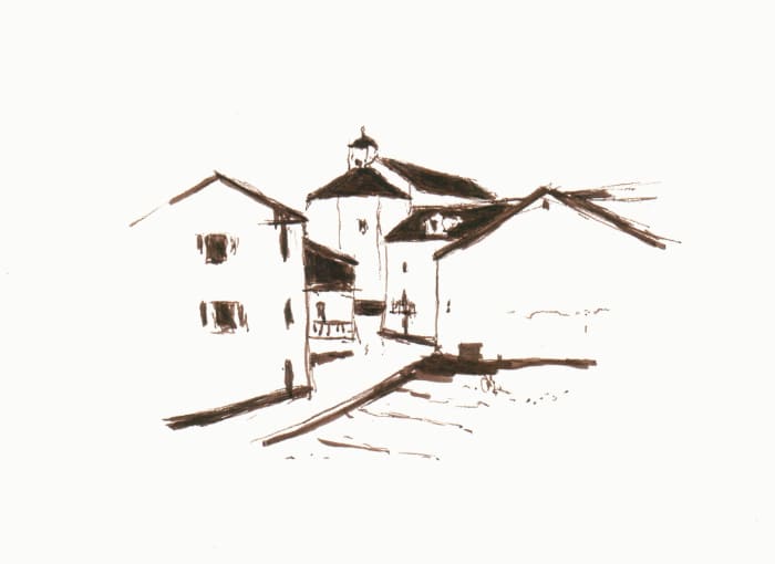 Simplon-Dorf Dorfblatta mit Kirche Erinnerungen – Sepia Fineliner auf Papier - Pitt Artist Pen Farber Castell