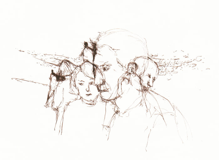 Versammlung – Sepia Fineliner auf Papier - Pitt Artist Pen Farber Castell
