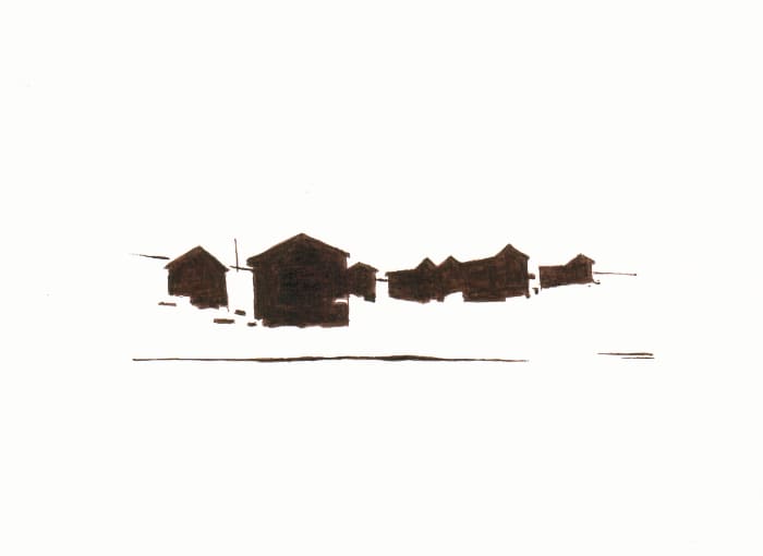 Häusergruppe entlang der Gommer Loipe – Sepia Fineliner auf Papier - Pitt Artist Pen Farber Castell