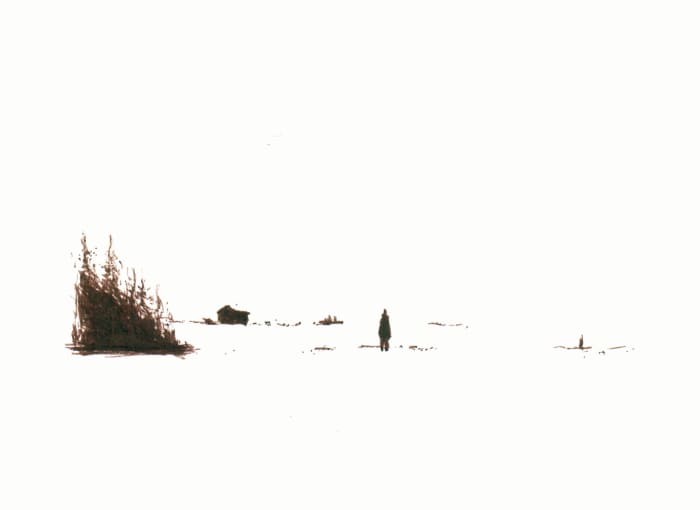 Winterwanderweg Goms, die absolute Entschläunigung – Sepia Fineliner auf Papier - Pitt Artist Pen Farber Castell