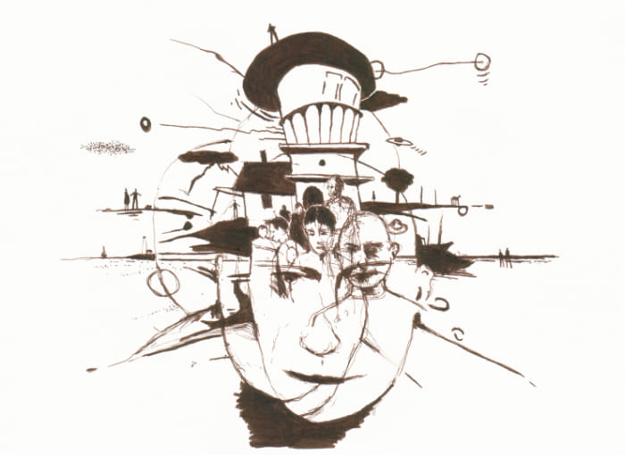 Insel Skizze Gedanke Chaos – Sepia Fineliner auf Papier - Pitt Artist Pen Farber Castell