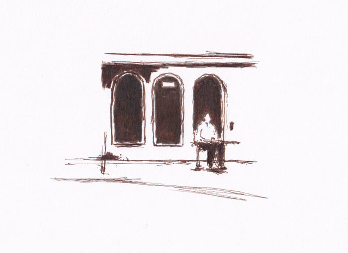 Kaffeetrinker am morgen – Sepia-Tinte auf Papier
