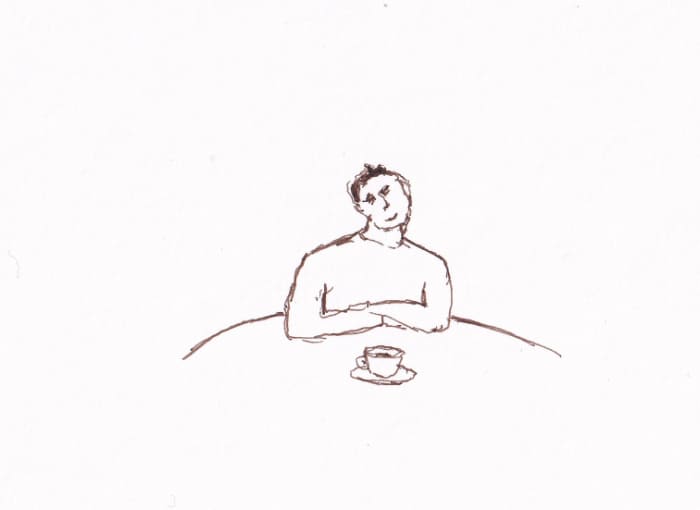 Den Kaffee trinkt er heute alleine Den Kaffee trinkt er heute alleine – Sepia-Tinte auf Papier