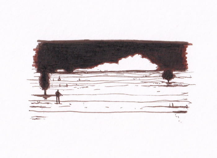 Begehbare Landschaft mit Wolke am Horizont – Sepia-Tinte auf Papier
