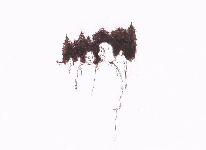 Besprechung von einer Gruppe Spaziergänger – Sepia-Tinte auf Papier