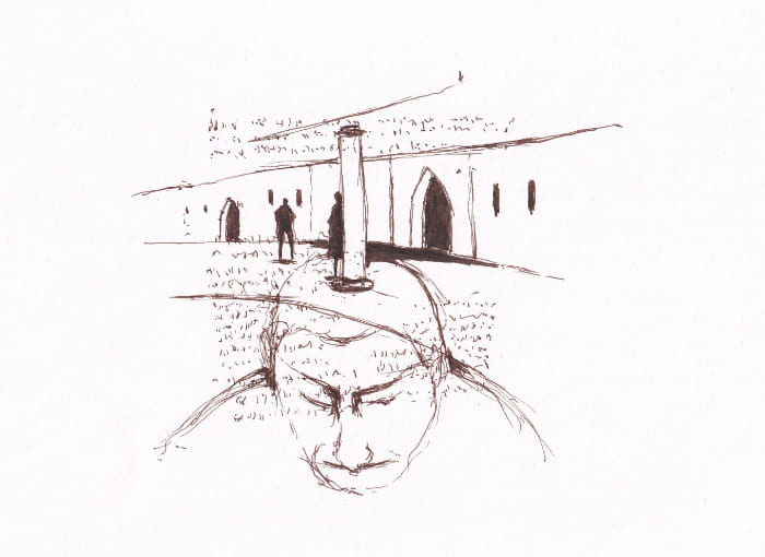 In der Galerie – Sepia-Tinte auf Papier