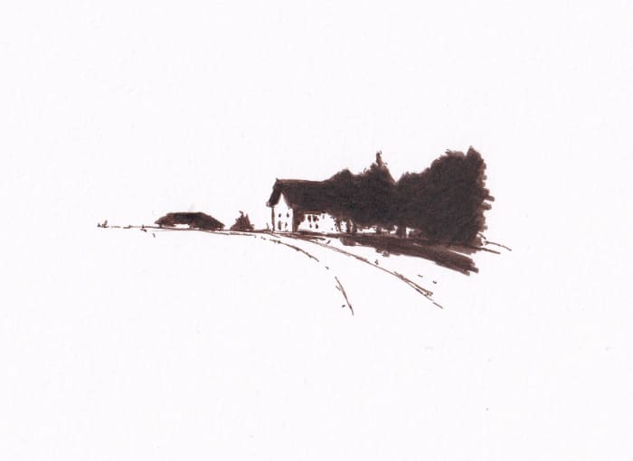 Im Vorbeifahren Haus am Strassenrand – Sepia-Tinte auf Papier