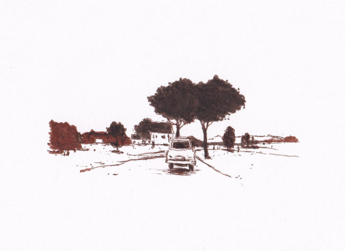 Sonntagsausflug mit dem Auto – Sepia-Tinte auf Papier