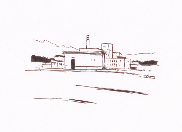 Urbansketching Im vorbeifahren gesehen – Sepia-Tinte auf Papier