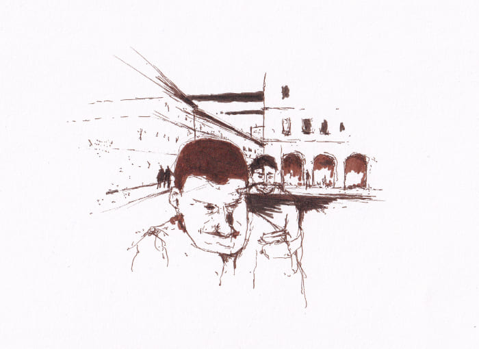 Stadtleben – Sepia-Tinte auf Papier