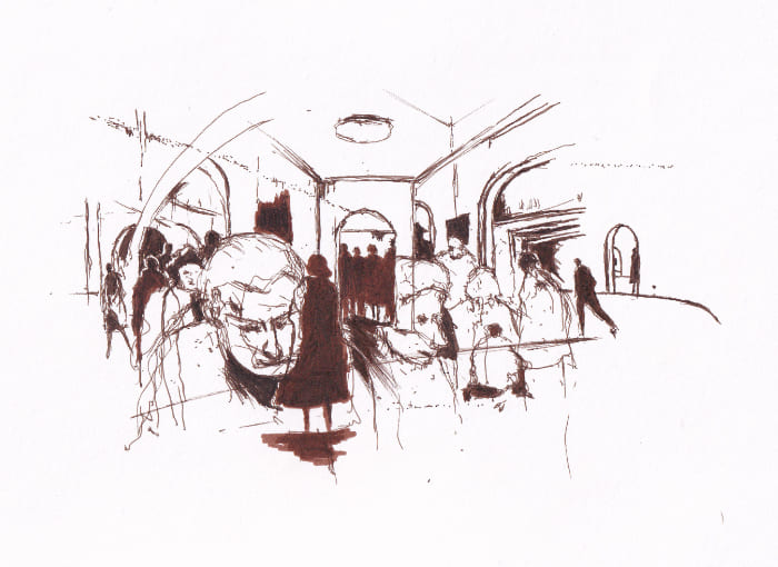 Menschen in Räumen – Sepia-Tinte auf Papier