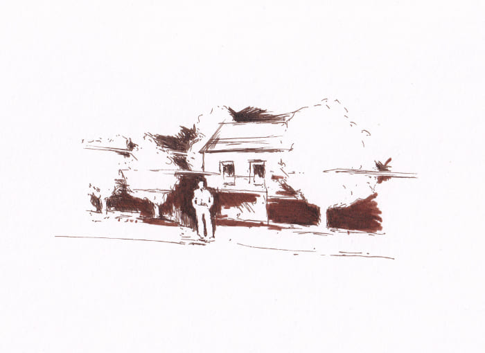 Wartender vor dem Haus Wartender vor dem Haus – Sepia-Tinte auf Papier