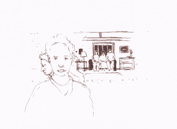 Drei Personen auf einem Zweier-Sofa – Sepia-Tinte auf Papier