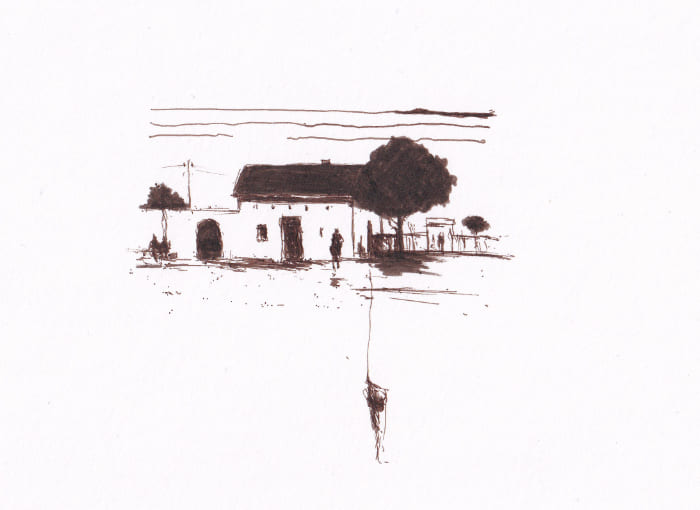 Haus in der Sonne – Sepia-Tinte auf Papier