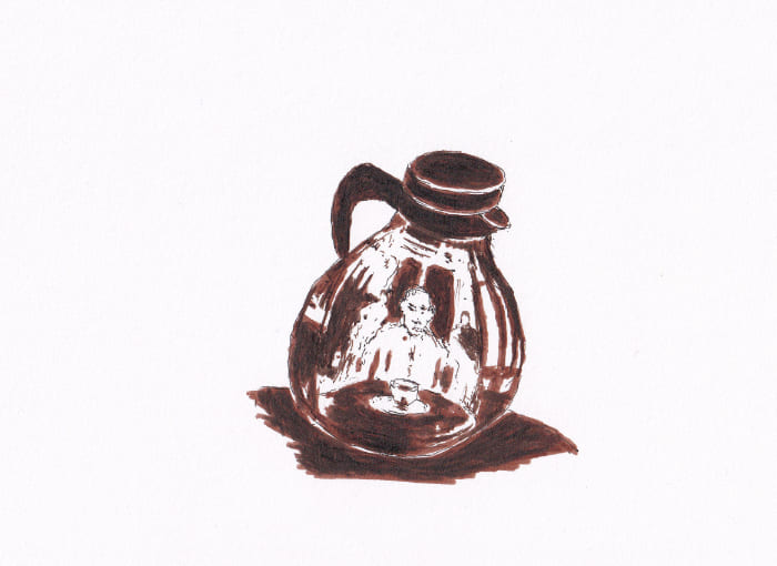 Porträt in der Spiegelung der Thermoskanne – Sepia-Tinte auf Papier