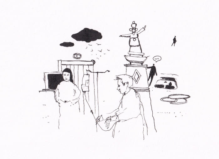 Patient Statue Denkmal Fumetto Mann Frontscheibe – Schwarze-Tinte auf Papier