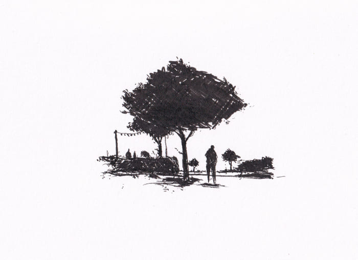 Alles bereit für einen schönen gemeinsamen Sommerabend – Schwarze-Tinte auf Papier