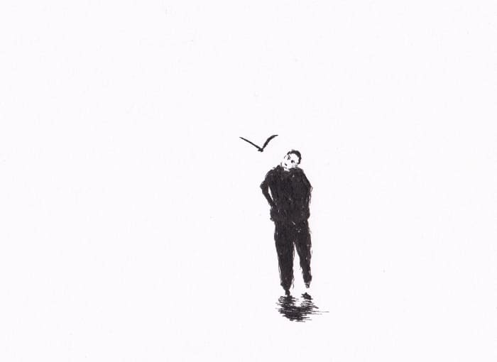 Mann und Vogel grüssen sich – Schwarze-Tinte auf Papier