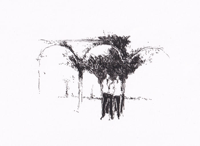 Zwei Herren im Garten – Schwarz-Tinte auf Papier