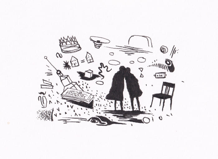 Eine abstrakte Zeichnung zeigt zwei silhouettenartige Personen, die sich inmitten einer Vielzahl von zufälligen Formen und Bildern aneinander lehnen – Schwarz-Tinte auf Papier