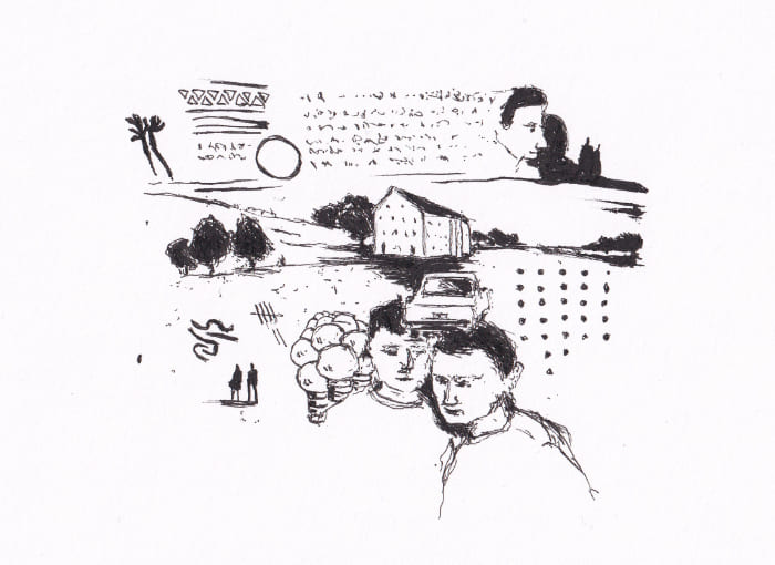 Skizze – Eine surrealistische Komposition mit einer Landschaft, menschlichen Figuren, einem Auto, abstraktem Text und grafischen Elementen – Schwarz-Tinte auf Papier