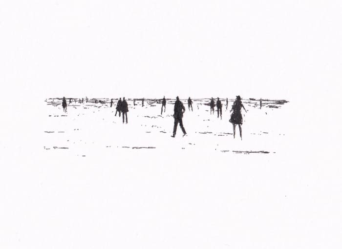 Skizze – Eine minimalistische Schwarz-Weiss-Zeichnung zeigt eine Reihe von stilisierten menschlichen Figuren, die auf einer kargen, offenen Strand verteilt sind – Schwarz-Tinte auf Papier