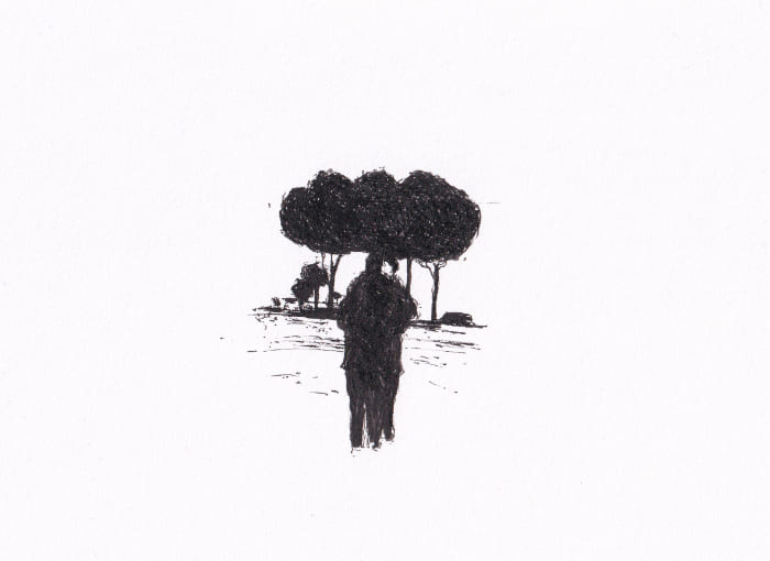 Skizze – Das Bild zeigt eine stilistische Schwarz-Weiss-Zeichnung eines sich umarmendes Paares, der vor Bäumen steht, wodurch eine kontemplative Atmosphäre geschaffen wird – Schwarz-Tinte auf Papier