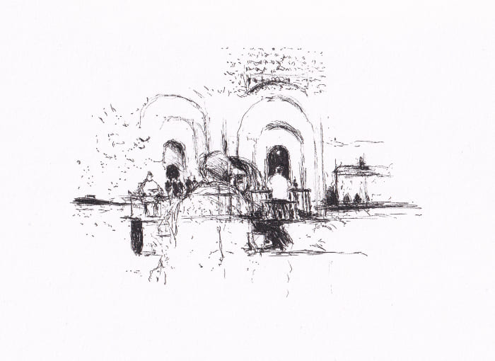 Skizze – Menschen in einem grossen Raum – Schwarz-Tinte auf Papier