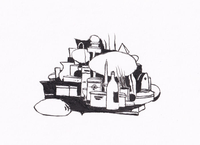 Stillleben mit Tasse Flasche Vase Kerze Schachtel und mehr Skizze – Stillleben mit Tasse Flasche Vase Kerze Schachtel und mehr – Schwarz-Tinte auf Papier