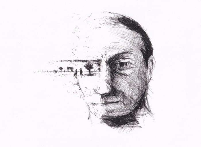 Skizze – Ein handgezeichnetes Porträt, das einen Mann zeigt, dessen Gesicht mit einer Landschaft verschmilzt, die eine surreale Verbindung von Innen und Aussen darstellt – Schwarz-Tinte auf Papier