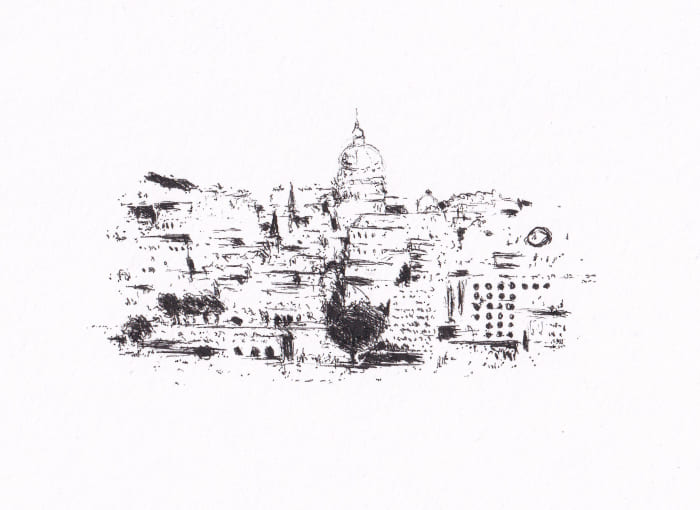Skizze – Die Schwarz-Weiss-Zeichnung stellt eine stilisierte Stadtszene dar, die mit raschen, dunklen Linien und Schattierungen erfasst wurde und eine einzigartige Interpretation bietet – Schwarz-Tinte auf Papier