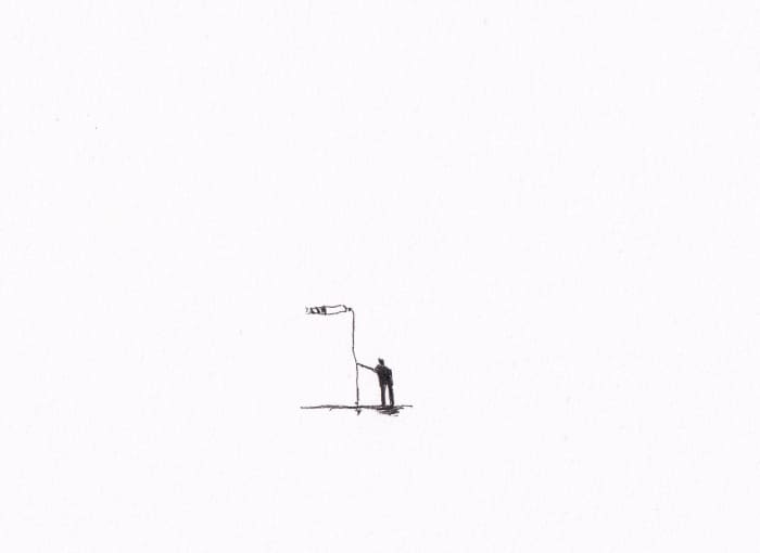 Skizze – Mann mit Windfahne in der Hand – Schwarz-Tinte auf Papier
