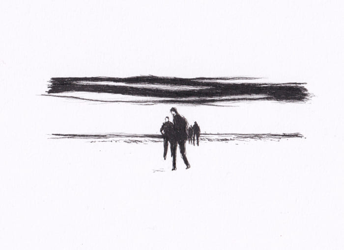 Die Skizze zeigt eine Gruppe von schemenhaften Figuren vor einer dramatischen, horizontalen Wolkenformation, die eine Stimmung der Melancholie erzeugt – Schwarz-Tinte auf Papier