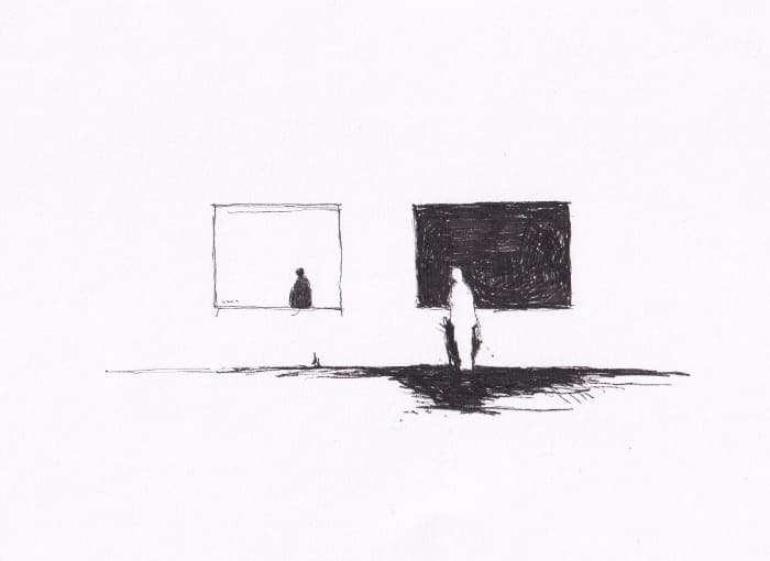 Skizze – Mann steht vor einem Bild in einer Ausstellung – Schwarz-Tinte auf Papier