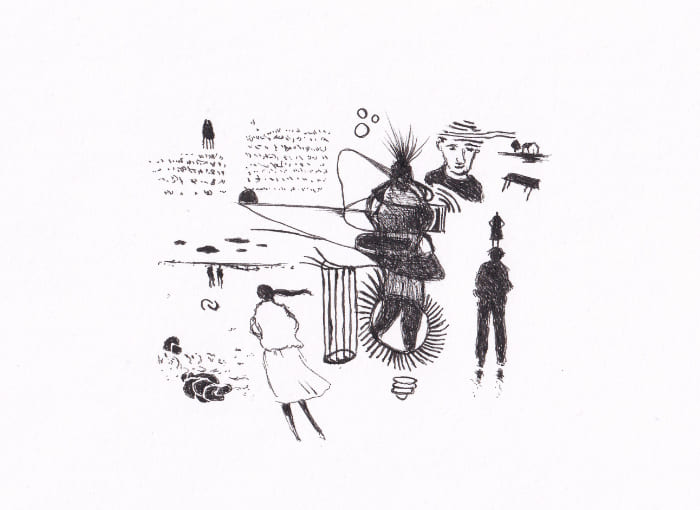 Skizze – Die Bildkomposition, in Schwarzweiss gehalten, zeigt eine skizzenhafte Darstellung verschiedener Elemente und Figuren, die in einer collageartigen Anordnung auf einer weissen Fläche verteilt sind. – Schwarz-Tinte auf Papier