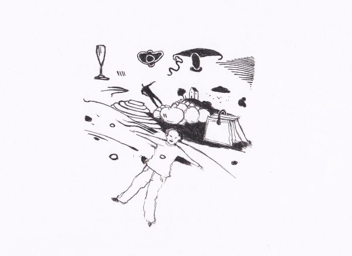Skizzenhafte, schwarz-weisse Illustration zeigt einen jungen Menschen, umgeben von abstrahierten Elementen und einem skizzenhaften Hintergrund – Schwarz-Tinte auf Papier