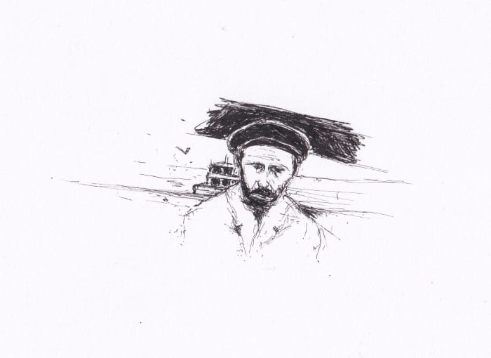 Skizze – Ein Mann mit Hut vor einem Schiff in einer einfachen, aber ausdrucksstarken Darstellung, die ein Gefühl von Melancholie vermittel – Schwarz-Tinte auf Papier