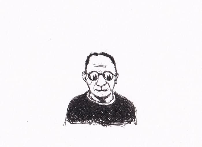 Skizze –  Porträt eines Brillenträgers, in der Brille spiegeln sich zwei Personen – Schwarz-Tinte auf Papier