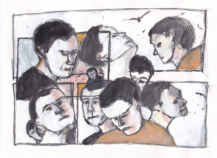 Skizze – Eine aquarellartige, skizzenhafte Darstellung verschiedener Gesichter, die in rechteckige Segmente aufgeteilt sind und einen introspektiven oder vielleicht befragenden Blick nahelegen