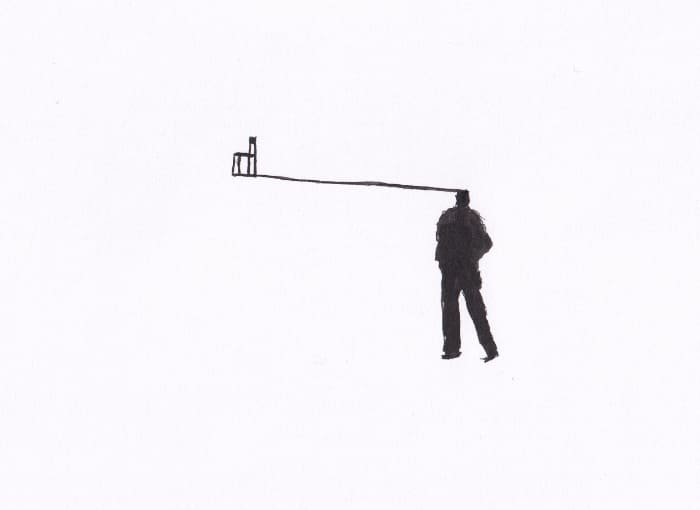 Skizze – Die minimalistische Zeichnung zeigt eine Person, die mit einer Linie mit einem Stuhl verbunden ist, was eine surreale und nachdenkliche Komposition ergibt – Schwarz-Tinte auf Papier