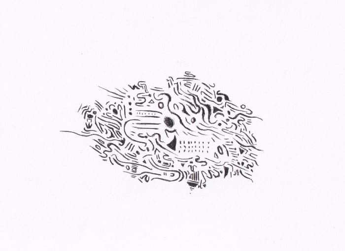 Skizze – Eine abstrakt anmutende Tuschezeichnung zeigt ein komplexes, organisches Gebilde aus geschwungenen Linien und geometrischen Formen – Schwarz-Tinte auf Papier