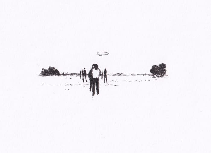 Skizze zeigt eine Szene in einer flachen Landschaft, in der eine Gruppe von Menschen sich in Richtung eines fliegenden Zeppelin bewegt – Schwarz-Tinte auf Papier