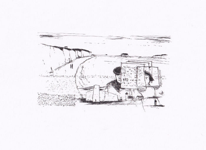 Die schwarz-weisse Tuschezeichnung zeigt eine skizzenhafte Darstellung einer Küstenlandschaft mit Klippen, Menschen und einer Reihe von Objekten und Gebäuden – Schwarz-Tinte auf Papier