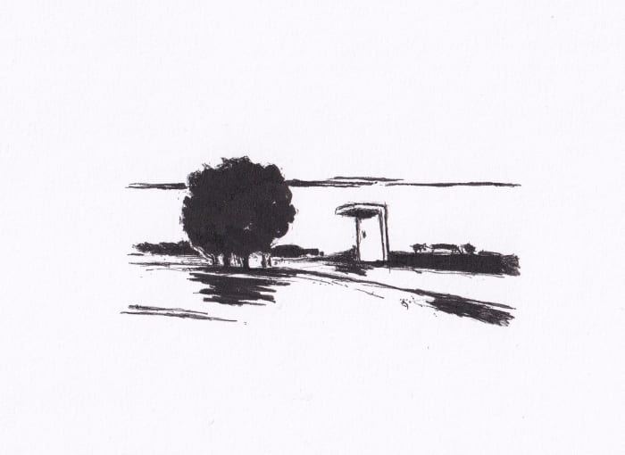 Skizze – Die Schwarzweiss-Zeichnung zeigt eine minimalistische Landschaftsdarstellung mit einer Baumgruppe, einer Bushaltestelle aus Beton und einer schlichten Horizontlinie, die durch ihre Einfachheit besticht. – Schwarz-Tinte auf Papier