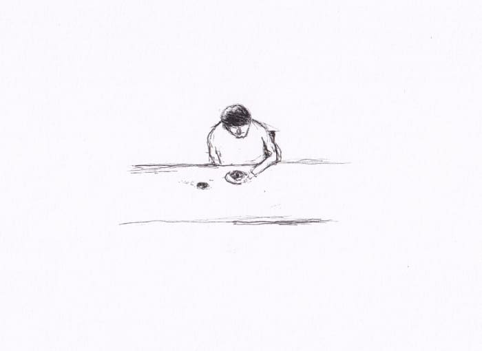 Skizze zeigt einen Mann an einm Tisch mit einer Tasse – Schwarz-Tinte auf Papier