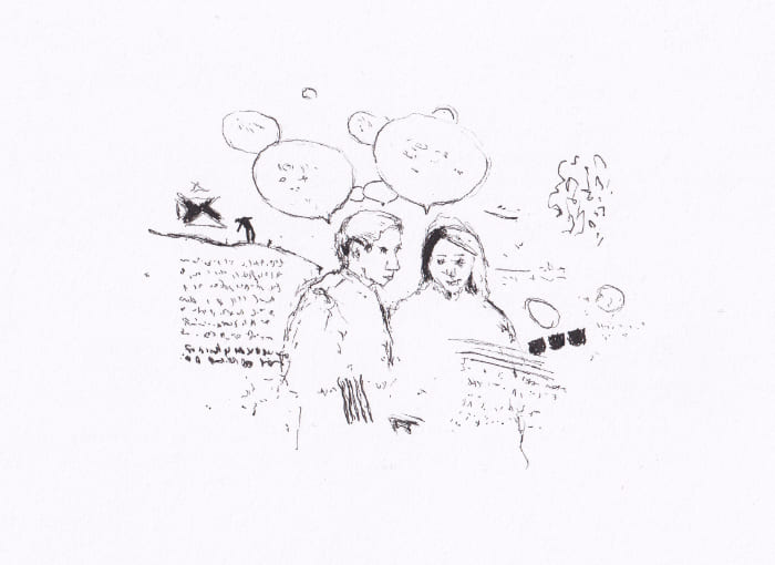 Die Zeichnung zeigt zwei Personen, die sich unter Sprechblasen in einer scheinbar ungezwungenen Situation unterhalten, dargestellt in einem minimalistischen, skizzenhaften Stil – Schwarz-Tinte auf Papier