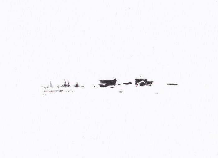 Skizze – Ein minimalistisches, skizzenhaftes Zeichnung zeigt eine entfernte Schneelandschaft mit einigen schematisch angedeuteten Holzhäuseren – Schwarz-Tinte auf Papier